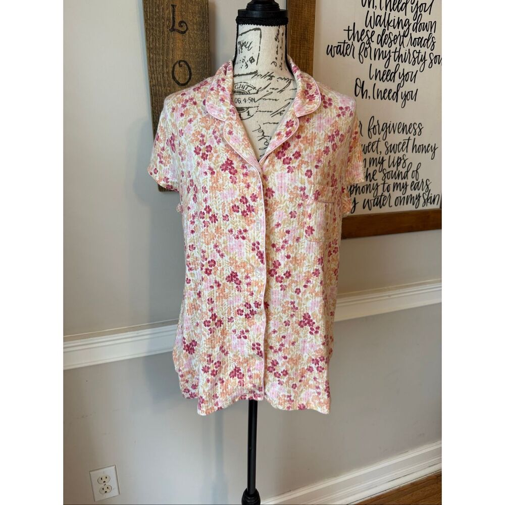 Laura Ashley Women's Floral Knit Short Sleeve Pajama Button-Up Top Pink Large